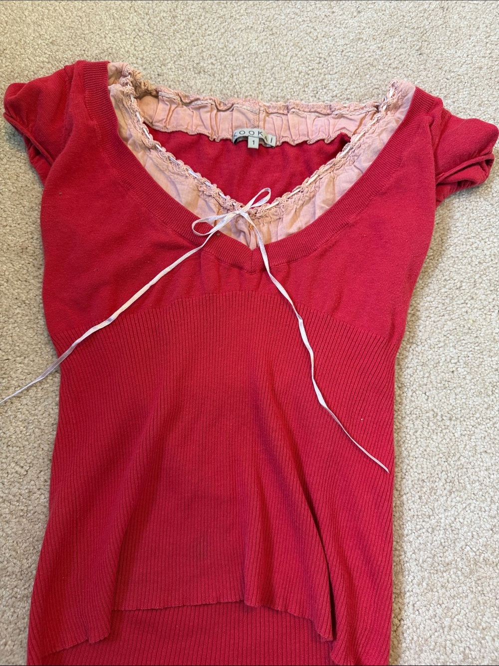 Kookai Red Short Sleeve Knit Top with Pink Trim